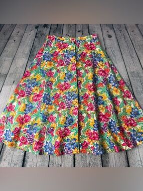 Vintage Talbots Colorful Tropical Floral Button Down Linen A-Line Skirt ALTERED